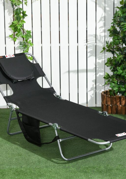 Folding Outdoor Chaise Lounge Sun Tanning Chair with Face Cavity, Pillow, 5-level Adjustable for Beach, Pool, Black