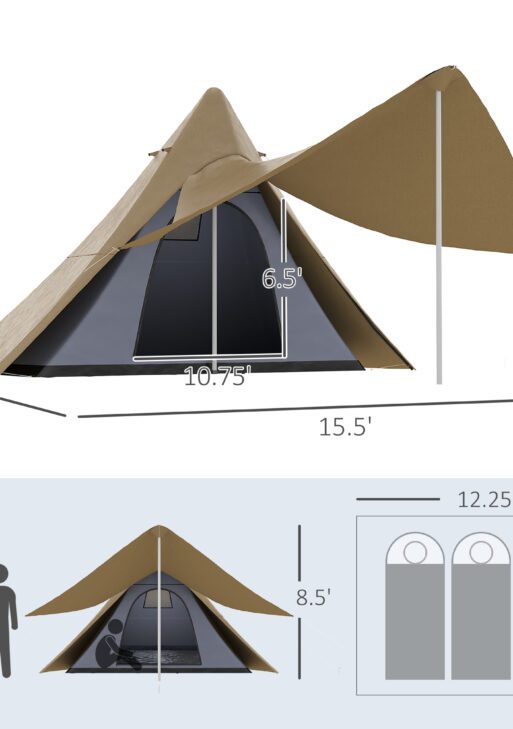 15.4'x15.4'x8.5' Teepee Tent, Waterproof Camping Tent with Porch Area, Floor and Carry Bag, for 2-3 Person Outdoor Backpacking Camping Hiking, Coffee