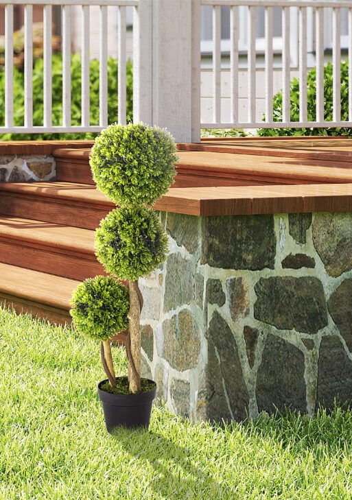 35.5" Artificial Ball Boxwood Topiary Tree Fake Plant in Pot for Indoor Outdoor Living Room Decoration Light Green