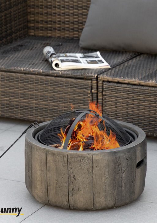 Outdoor Fire Pit, 18 Inch Metal Wood Burning Fireplace with Spark Cover, Poker, Woodgrain Design for Patio, Picnic, Backyard, Dark Brown