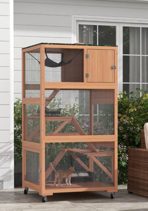 Catio, Outdoor Cat Enclosure House on Wheels with Hammock, Orange
