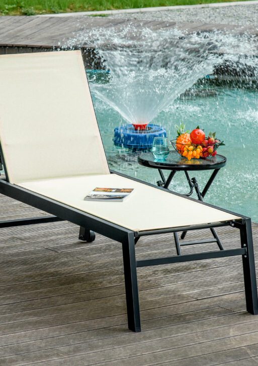 Outdoor Chaise Lounge with Wheels, Five Position Recliner for Sunbathing, Suntanning, Steel Frame, Breathable Fabric for Beach, Yard, Patio, Cream White