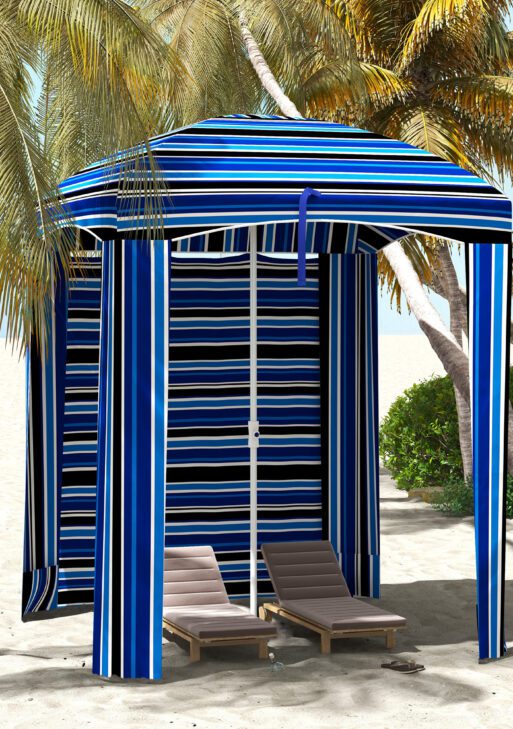 5.8' x 5.8' Cabana Umbrella with Walls, Vents, Ruffles, Carry Bag, Beach Umbrella, Blue Stripe