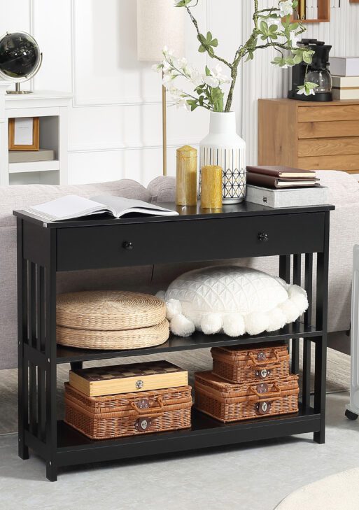 Console Hallway Table with Extra Wide Pull Out Drawer, 2 Open Shelves and Slatted Wood Frame Design, Black
