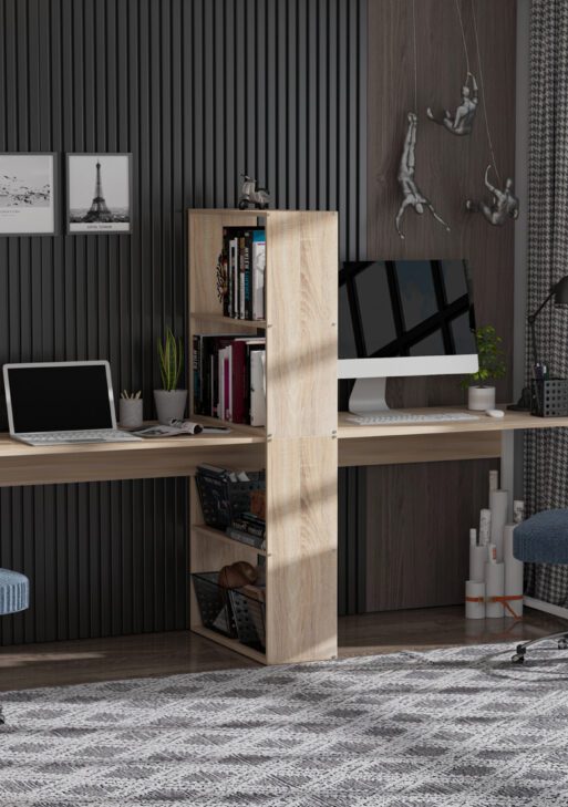 88" Extra Long 2-Person Computer Desk with Storage Shelves Combo, Double Workstation Storage Study Writing Table for Home Office, Bookshelf, Natural Wood Color