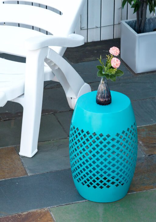 12.5" Steel Outdoor Side Table, Round Hollow Drum Patio End Table, Accent Table for Indoor and Outdoor, Blue