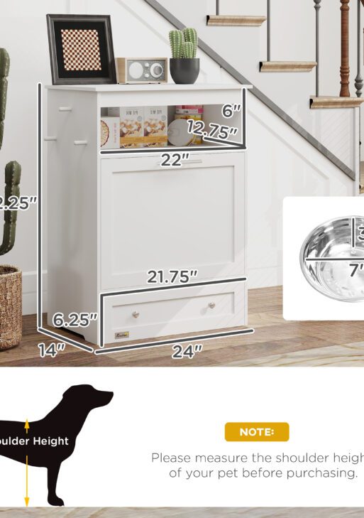 Pet Feeder Station Storage Cabinet, Dog Food Storage Container with Dog Raised Bowls, Watering Supplies, White