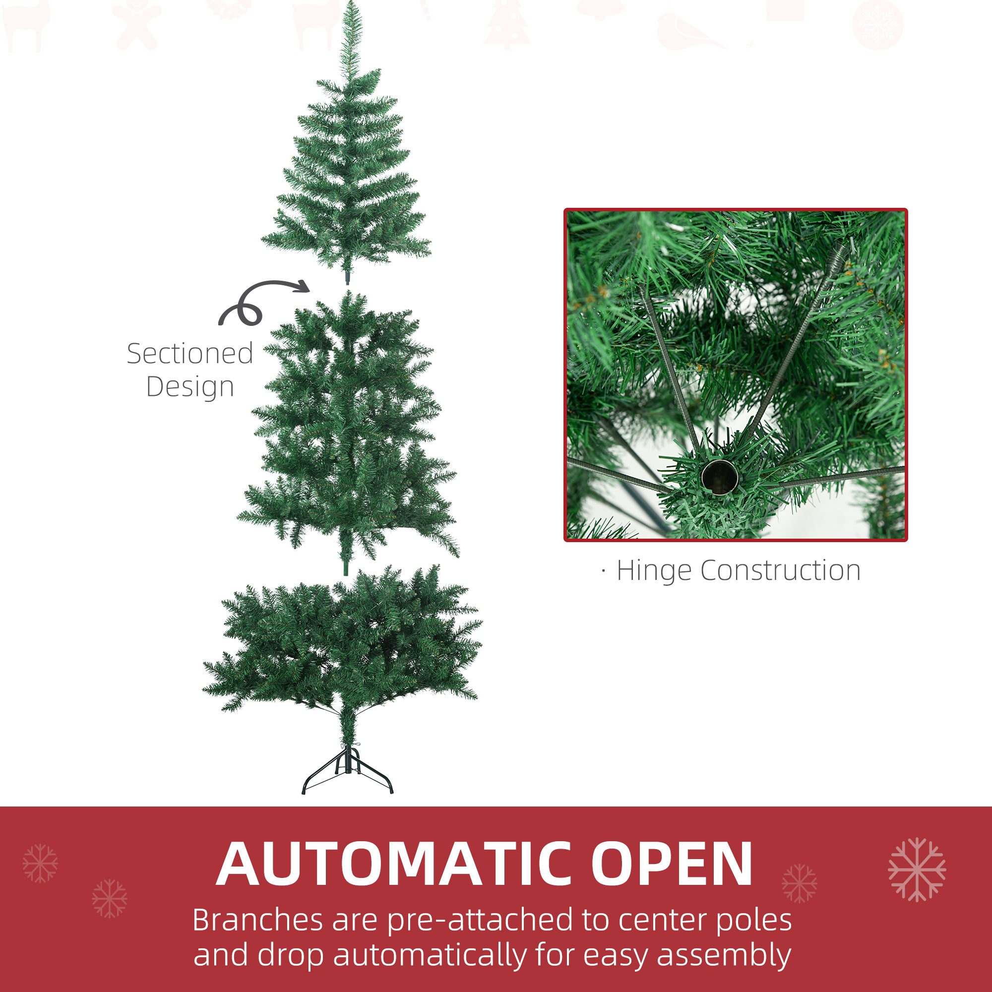 7' Artificial Half Christmas Trees with Auto Open, Steel Base, for Indoor Xmas Décor - Image 4