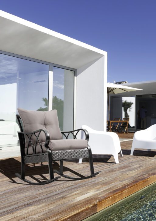 Outdoor Wicker Rocking Chair with Padded Cushions, Aluminum Furniture Rattan Porch Rocker Chair w/ Armrest for Garden, Patio, and Backyard, Gray