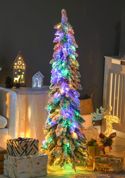 4' Artificial Slim Christmas Trees, with Snow Frosted Branches, Warm White or Colorful LED Lights, Downswept Shape