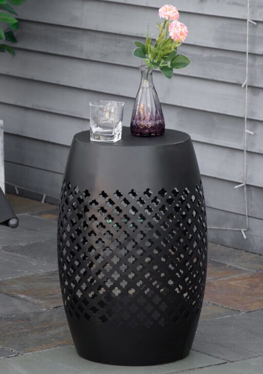 12.5" Steel Outdoor Side Table, Round Hollow Drum Patio End Table, Accent Table for Indoor and Outdoor, Black