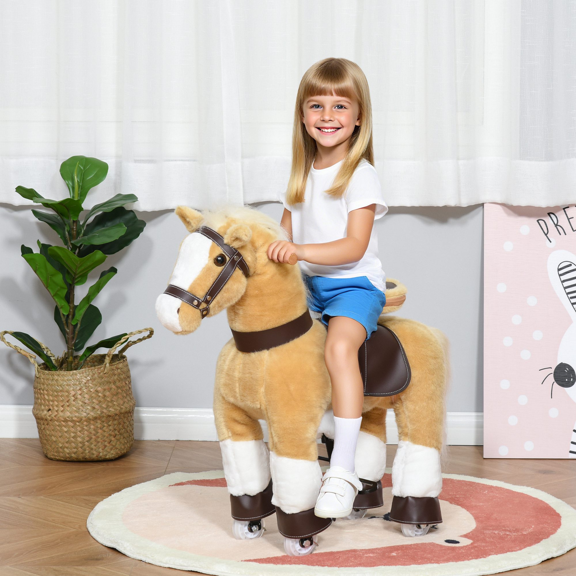 Ride on Horse, Plush Walking Horse Toy, Kids Riding Chair with Wheels for Kids 3-8 Years, Light Brown