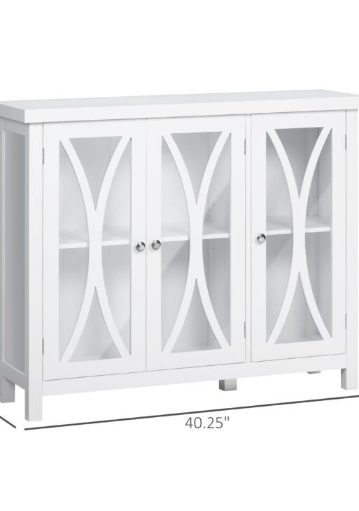 Sideboard, Buffet Cabinet with 3 Tempered Glass Doors, Arc Pattern and Adjustable Storage Shelf, Credenza, White