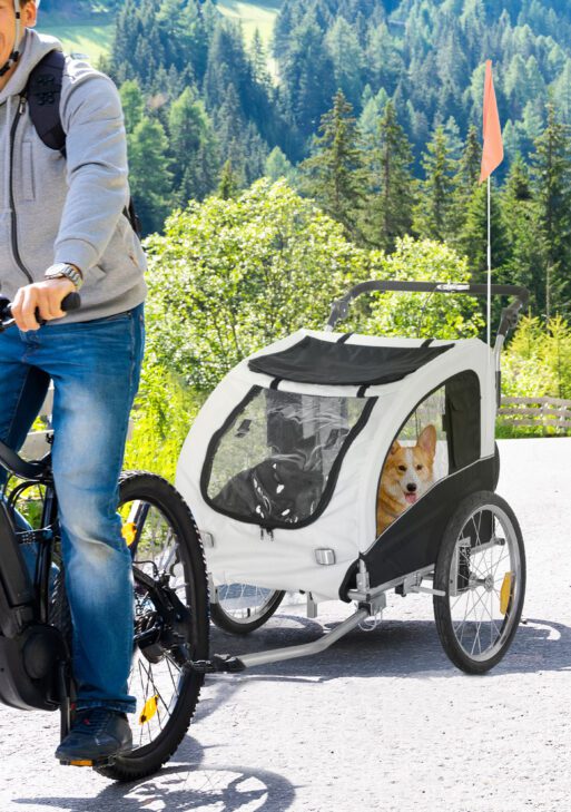 Dog Bike Trailer 2-In-1 Pet Stroller with Canopy and Storage Pockets, White