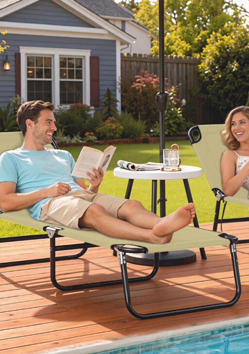 Folding Chaise Lounge Pool Chairs, Outdoor Sun Tanning Chairs with 5-Level Reclining Back, Steel Frame for Beach, Yard, Patio, Beige