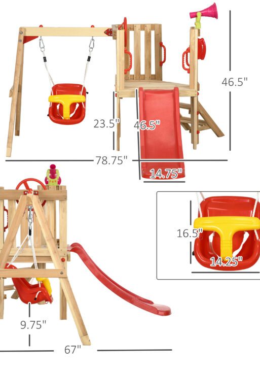 4-in-1 Wooden Swing Set with Swing, Slide, Horn, Steering Wheel, Red