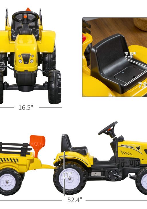 Kids Ride on Tractor with Back Trailer, Shovel & Rake, Horn, Pedal Go Kart for 3 Years Old, Yellow