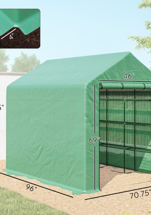 Outdoor Walk-in Greenhouse with Roll-up Zipper Door, 18 Shelves, PE Cover, 95.25" x 70.75" x 82.75", Green
