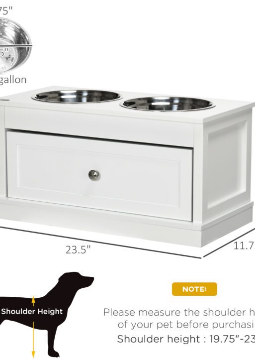 Large Elevated Dog Bowls with Storage Drawer Containing 11L Capacity, Raised Dog Bowl Stand Pet Food Bowl Dog Feeding Station, White