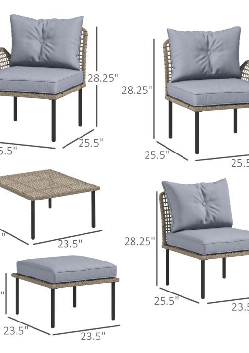 5-Piece Rattan Patio Furniture Set with Sofa, Chaise Lounge, Coffee Table, Footstools, Cushions, Light Gray