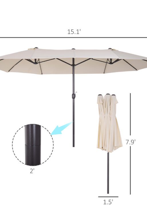 15ft Patio Umbrella Double-Sided Outdoor Market Extra Large Umbrella with Crank Handle for Deck, Lawn, Backyard and Pool, Cream White