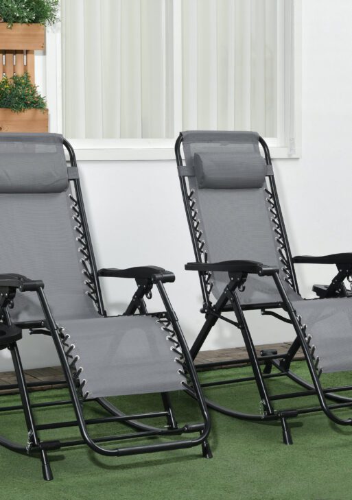 2 Outdoor Rocking Chairs Foldable Reclining Zero Gravity Lounge Rockers w/ Pillow Cup & Phone Holder, Gray