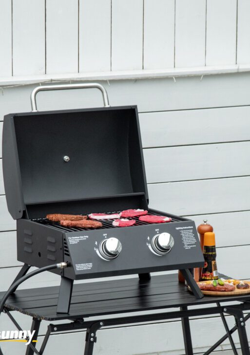 21.75" Charcoal BBQ, Portable Grill with 2 Burners, Heat-Resistant Handle, Folding Legs, Removable Ashtray, Thermometer, Carbon Steel, for Outdoor Cooking, Camping, Black