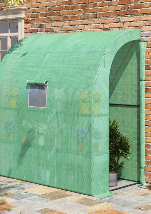 7' x 3' x 7' Lean to Greenhouse, Walk-In Green House, Plant Nursery with 2 Roll-up Doors and Windows, PE Cover and 3 Wire Shelves, Green