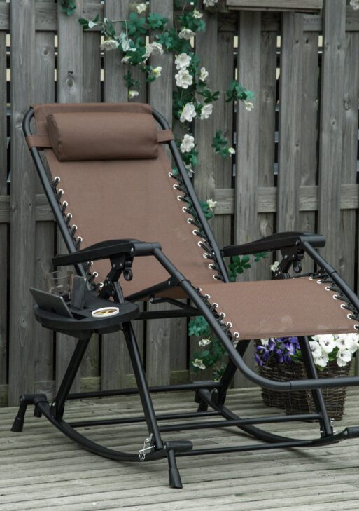 Outdoor Rocking Chairs, Foldable Reclining Zero Gravity Lounge Rocker with Pillow, Cup & Phone Holder, Combo Design with Folding Legs, Brown