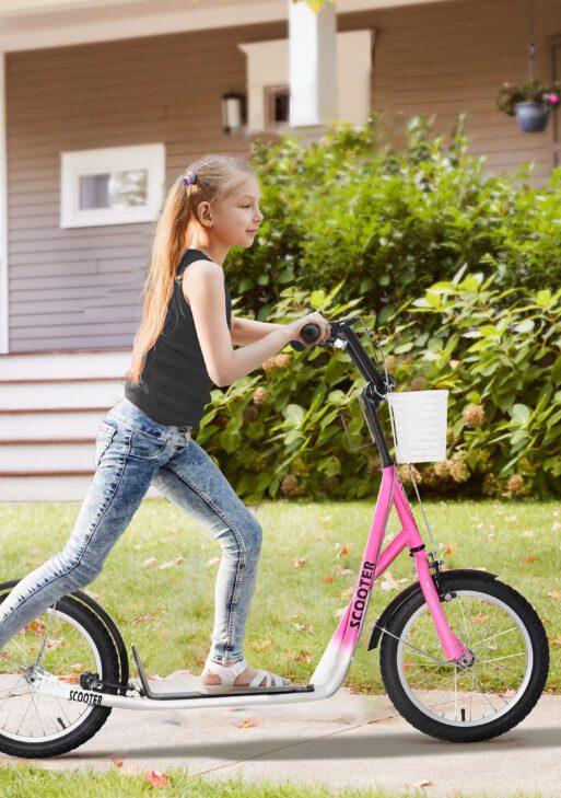 Youth Scooter, Kick Scooter with Adjustable Handlebars, Double Brakes, 16" Inflatable Rubber Tires, Basket, Cupholder, Pink
