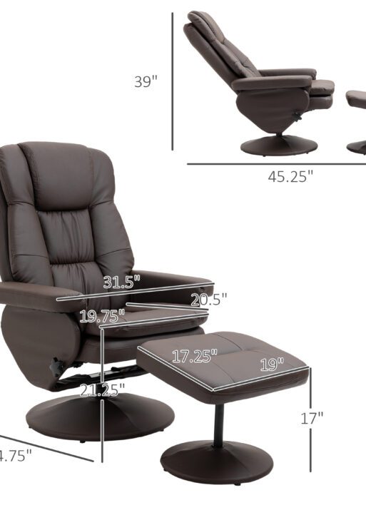 PU Leather Recliner Chair with Ottoman, Swivel Recliner and Ottoman with Round Wrapped Base for Living Room, Brown