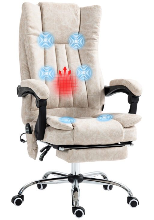 Massage Office Chair with 6 Points and Heat, Reclining Computer Chair with Adjustable Height and Footrest, Cream White