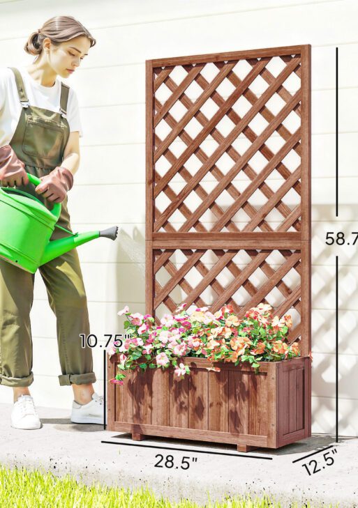 Wooden Raised Garden Bed with Trellis, 59" Outdoor Planter Box with Drainage Holes, Planter Raised Bed for Climbing Vine Plants Flowers, Orange