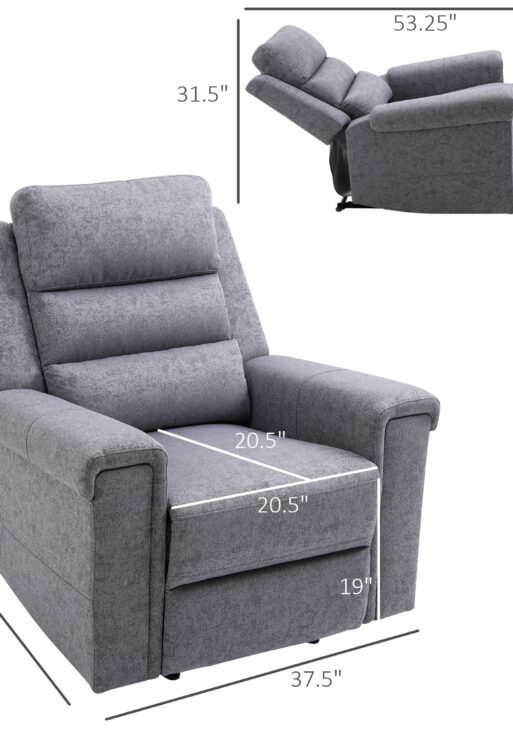 Modern Recliner Chair Linen Fabric Single Sofa Home Theater Seating with Overstuffed Armrest and Back, Grey