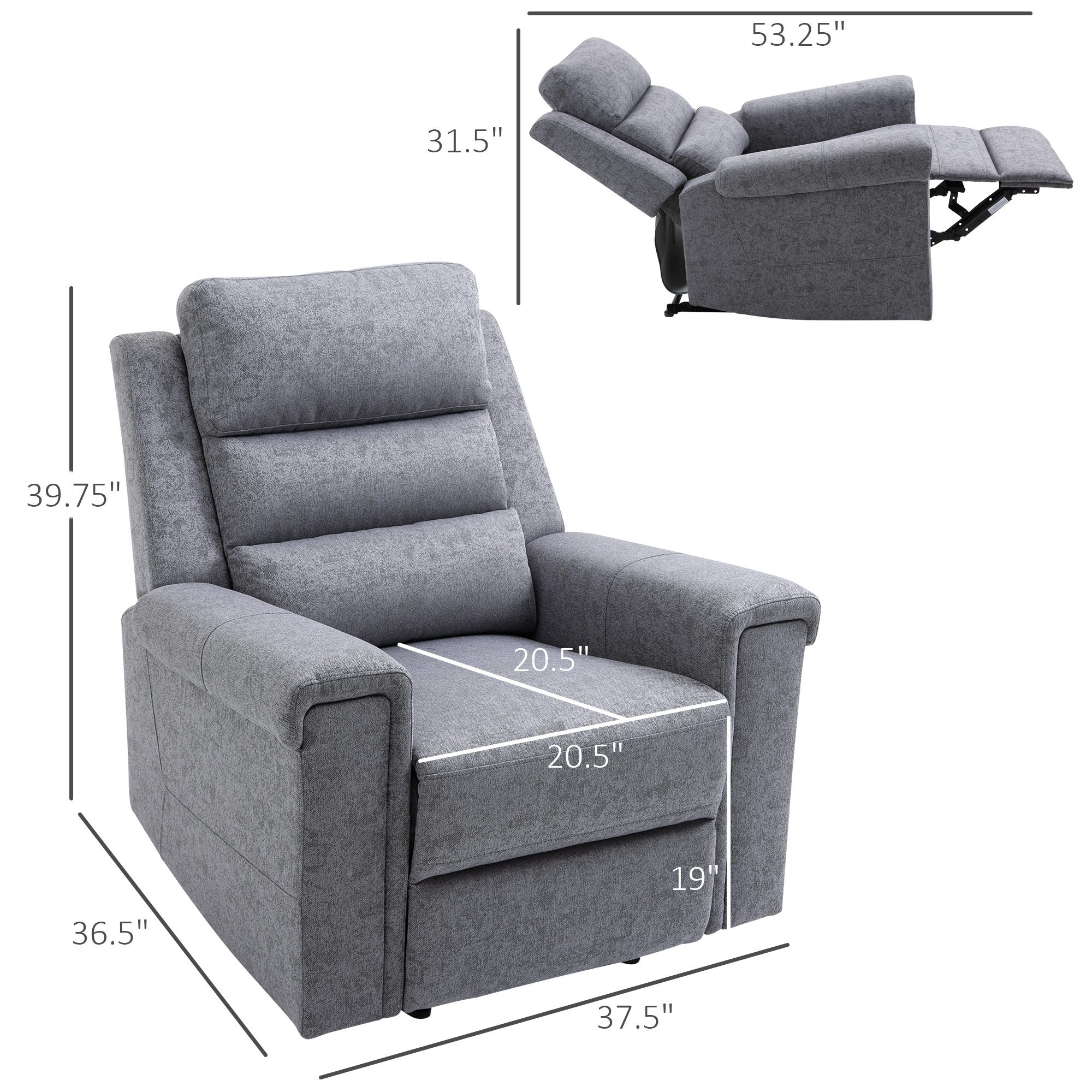 Modern Recliner Chair Linen Fabric Single Sofa Home Theater Seating with Overstuffed Armrest and Back, Grey - Image 1
