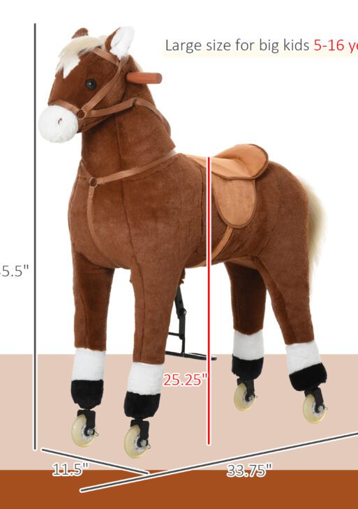 Kids Ride-on Walking Horse with Easy Rolling Wheels, Soft Huggable Body, & a Large Size for Kids 5-16 Years