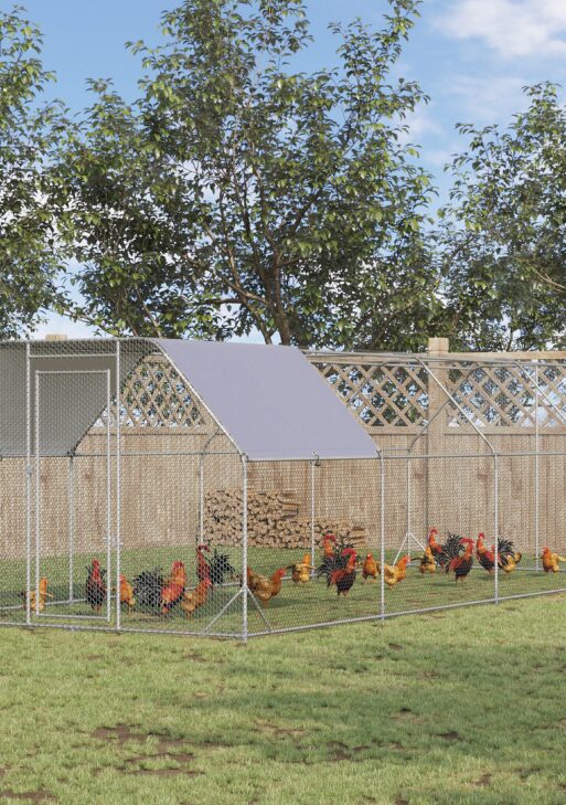 Large Chicken Coop Metal Chicken Run with Waterproof and Anti-UV Cover, Flat Shaped Walk in Fence Cage Hen House for Outdoor and Yard Farm Use, 1" Tube Diameter, 9.2' x 24.9' x 6.4'