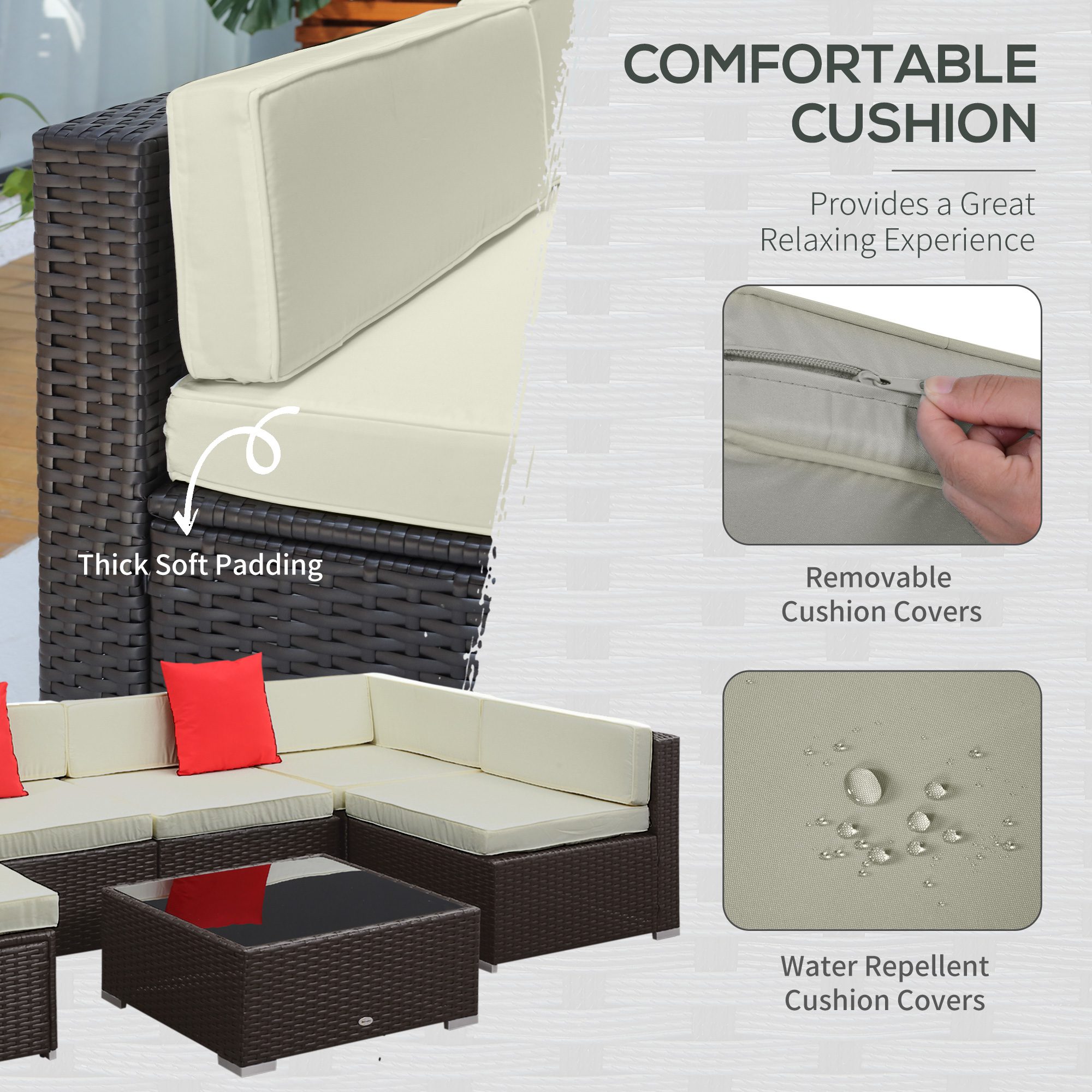 7 Piece Outdoor Patio Sofa Set with Cushions, All Weather PE Rattan, 29.5" Sofa Section, Glass Top Coffee Table for Outdoor Living, Beige - Image 2