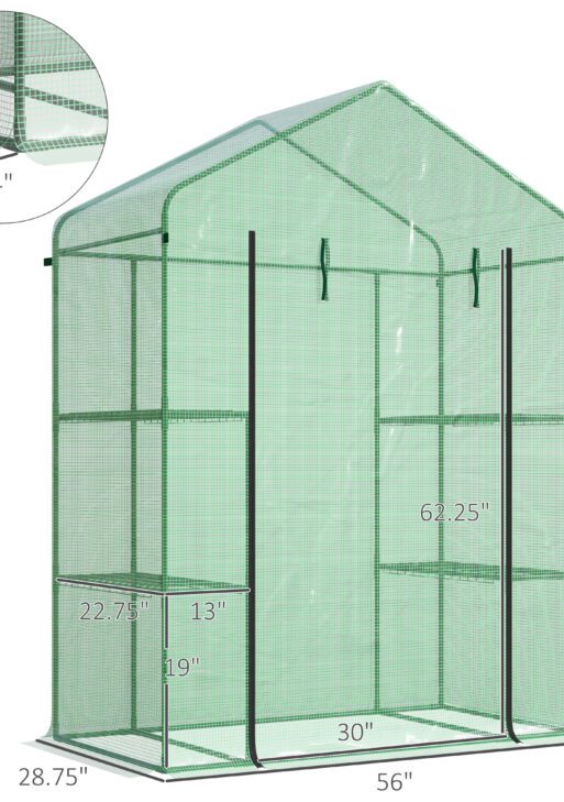 56" x 29" x 77" Walk-in Greenhouse, Garden Hot House with 3 Tier Shleves, Roll-Up Door and PE Cover, Green