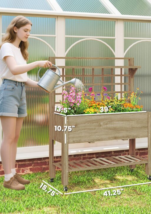 41" Raised Garden Bed Mobile Elevated Wooden Planter Box Stand with Wheels, Trellis and Storage Shelf, Dark Brown