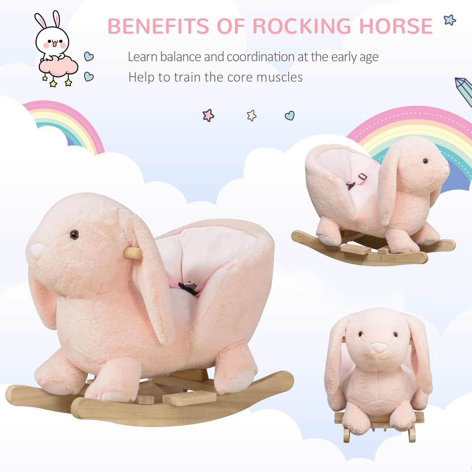 Rabbit Wooden Rocking Horse with Sound, Pink - Image 2
