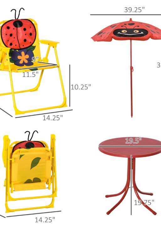 Kids Table and Chair Set, Outdoor Folding Garden Furniture, Picnic Table for Patio Backyard, with Removable & Height Adjustable Sun Umbrella, Aged 3-6 Years Old, Red