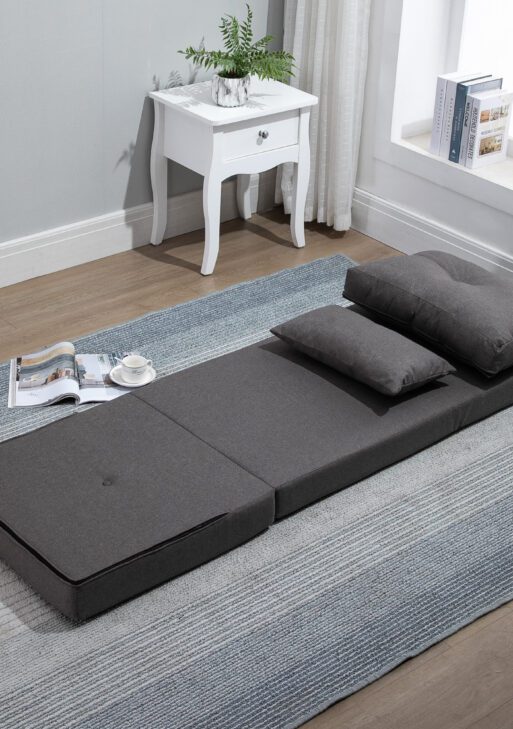 Convertible Flip Chair, Floor Lazy Sofa, Folding Upholstered Couch Bed with Adjustable Backrest, Metal Frame and Pillows for Living Room Bedroom, Dark Gray