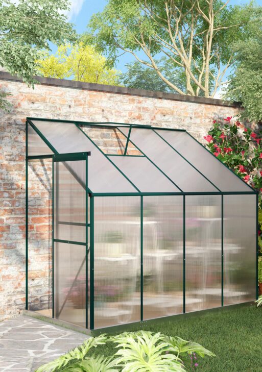 8' x 4' x 7' Hobby Greenhouse, Walk-in Lean-To Polycarbonate Hot House Kit with Aluminum Frame, Sliding Door, Roof Vent, Green