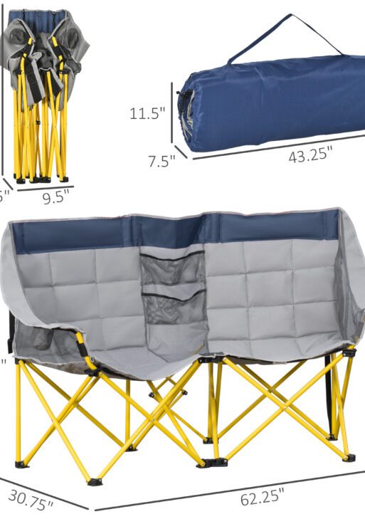 Loveseat Style Camping Chair, Oversized Folding Lawn Chair with Carry Bag & Cup Holders, for Outdoor, Beach, Picnic, Hiking, Travel, Navy Blue & Gray