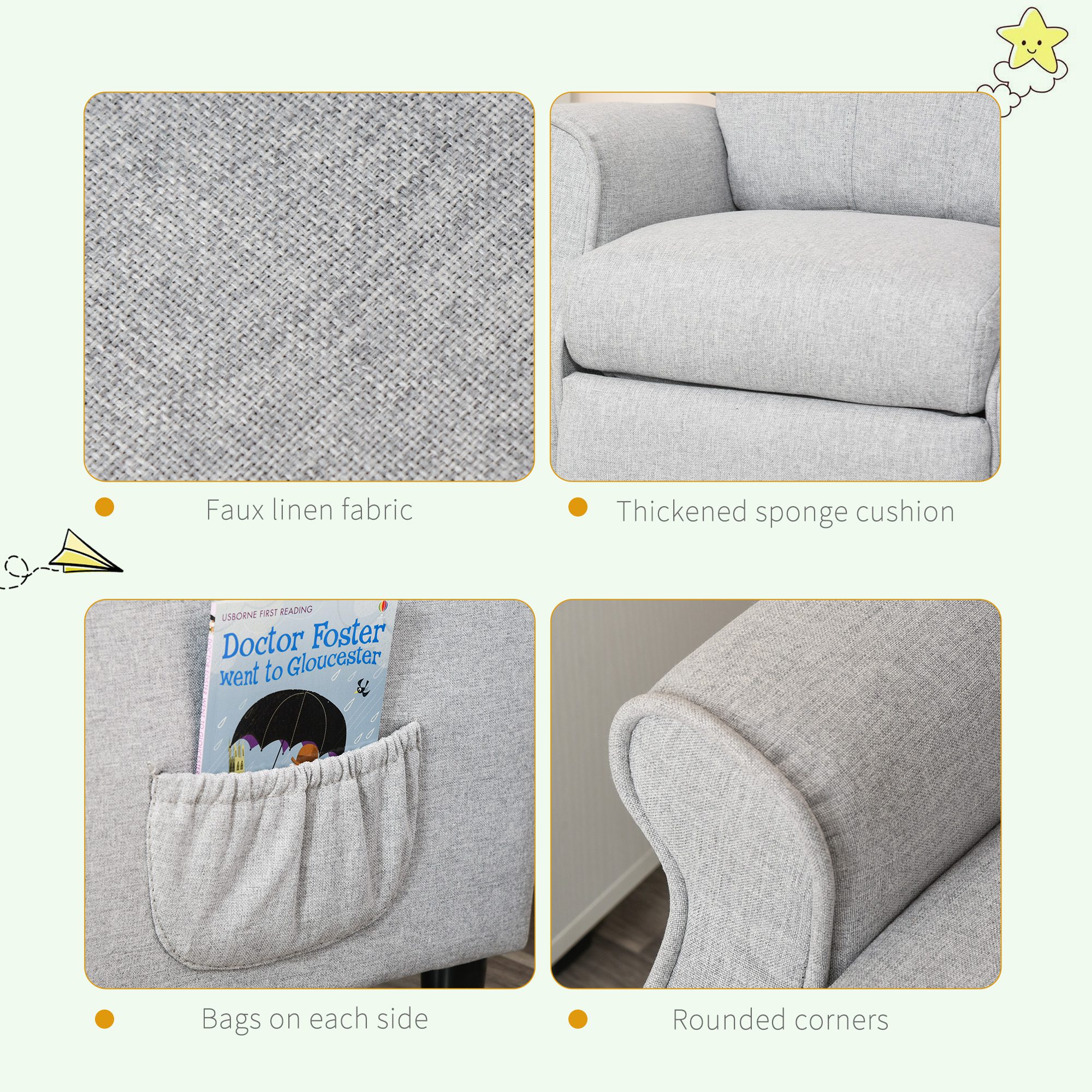 Kids Recliner Chair Children Sofa Angle Adjustable Single Lounger Armchair Gaming Chair with Footrest 2 Side Pockets for 3-5 Years, Light Grey - Image 4