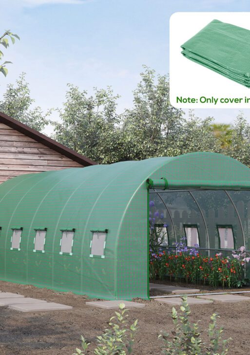 19.7' x 9.8' x 6.6' Plastic Greenhouse Cover Replacement, Heavy Duty Waterproof Tarp for Hoop House, Sheeting with 12 Windows, Door & Reinforcement Grid, Green