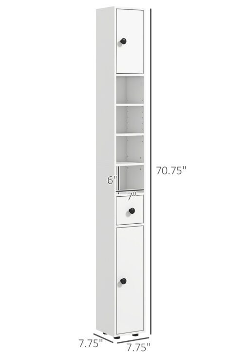 71" Small Bathroom Storage Cabinet, Narrow Toilet Paper Cabinet with Open Shelves, 2 Cabinets, Adjustable Shelves, White