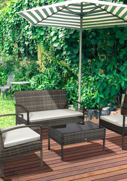 Patio Furniture Set, 4 Piece Indoor Outdoor PE Wicker Conversation Set with Chairs, Loveseat Sofa, Cushions, Glass Table for Backyard, Sunroom, Pool, Garden, Light Gray