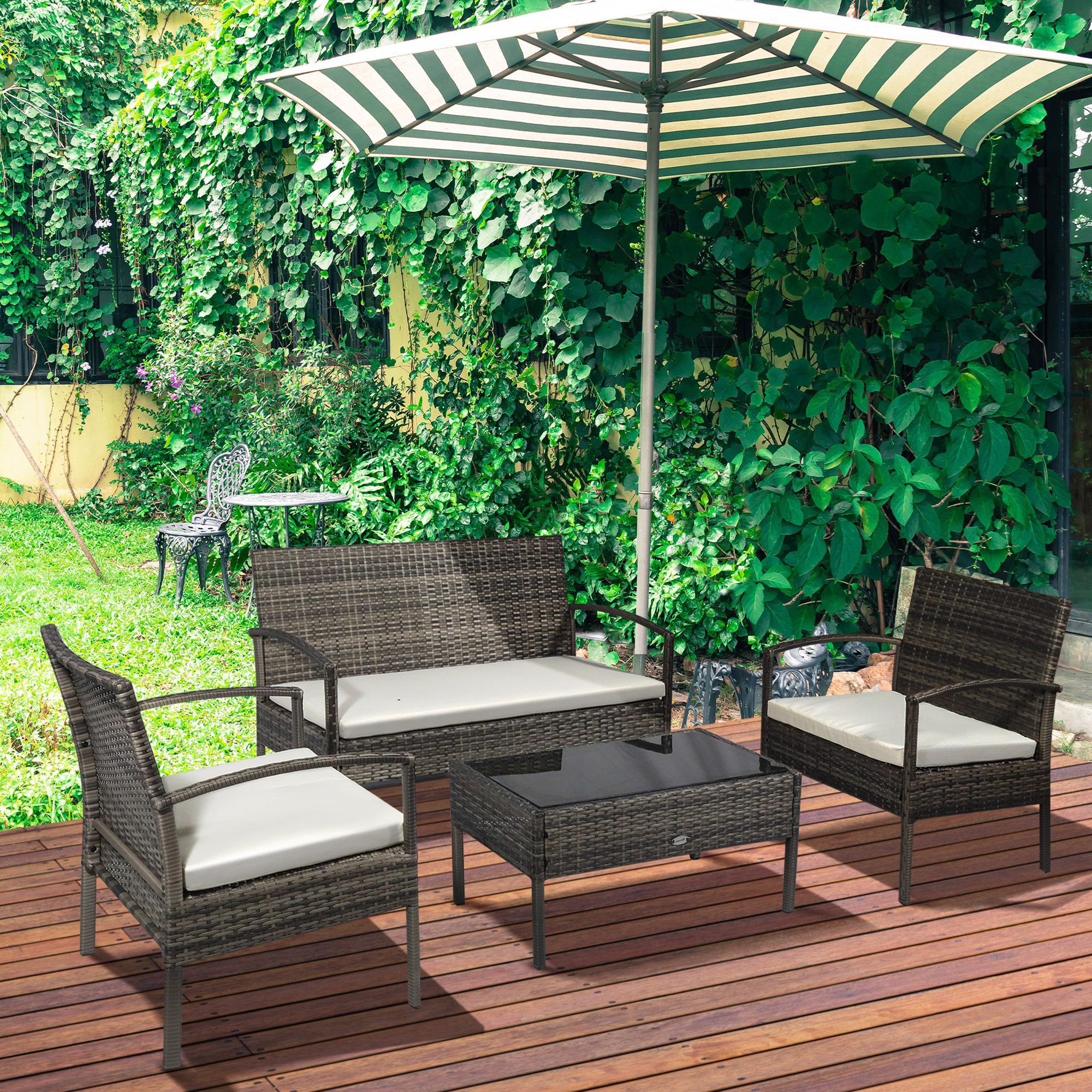 Patio Furniture Set, 4 Piece Indoor Outdoor PE Wicker Conversation Set with Chairs, Loveseat Sofa, Cushions, Glass Table for Backyard, Sunroom, Pool, Garden, Light Gray